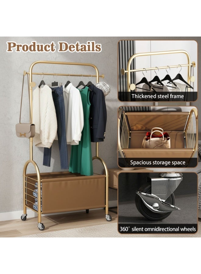 CHOIWIN Gold Rolling Clothing Rack with Storage Basket, Portable Garment Rack with Wheels, Heavy Duty Clothes Rack with Leather Storage Organizer for Bedroom, Laundry Room 80*37*172cm - Image 5