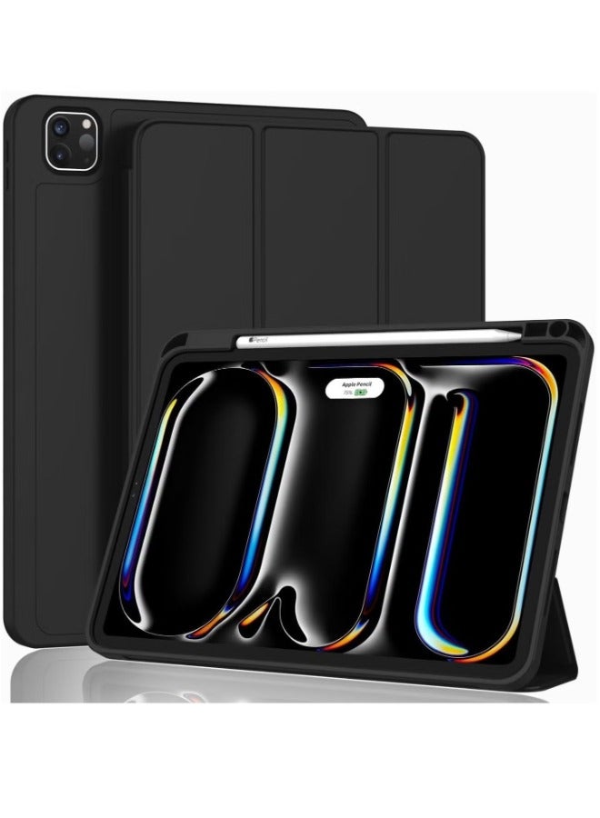 iPad Pro 11 Inch Case 2024 M4 with Pencil Holder - Trifold Stand, TPU Back, Shockproof, and USB-C Support - Black - Image 1
