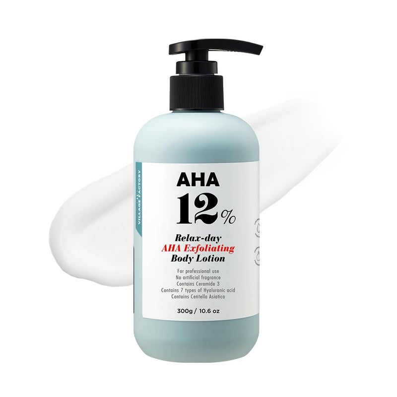 VILLAGE11FACTORY VILLAGE11FACTORY AHA 12% Body Lotion Korean Body Cream Exfoliating & Rejuvenating Formula with Glycolic Acid and Hyaluronic Acid Unscented (10.6 Oz)