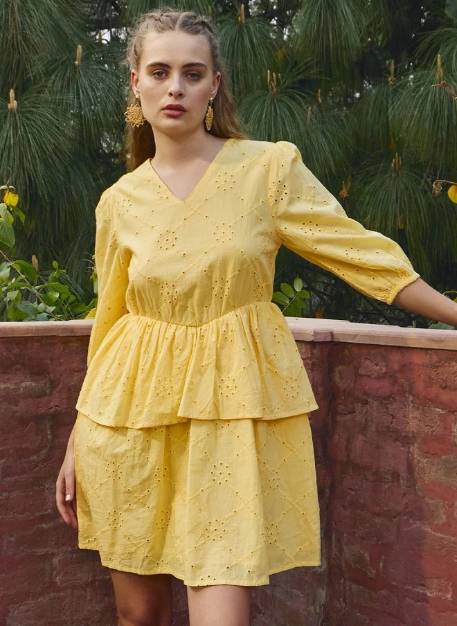 SASSAFRAS Yellow Schiffli V-Neck Frill Detail Dress for Women