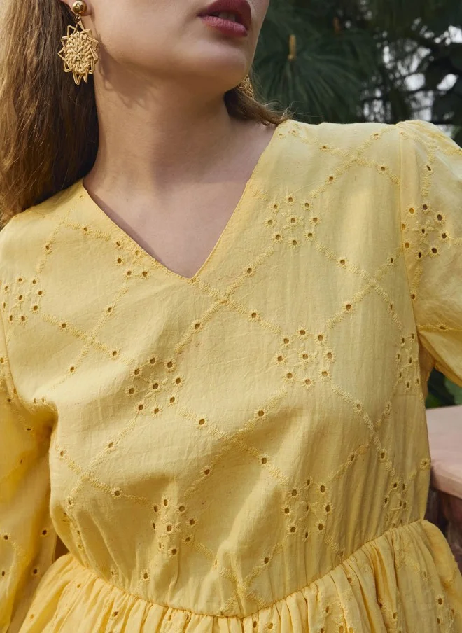 SASSAFRAS Yellow Schiffli V-Neck Frill Detail Dress for Women