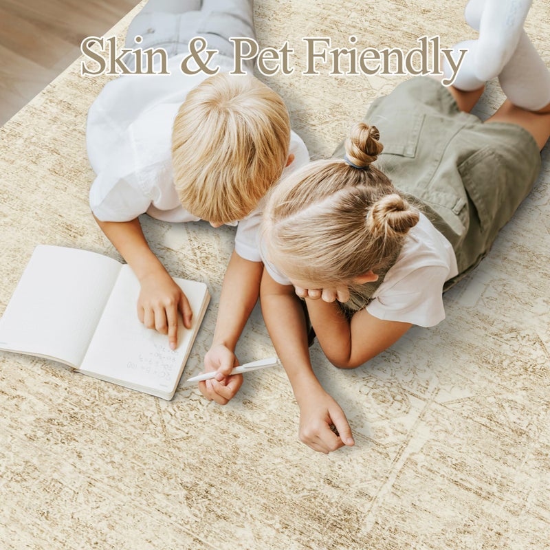 Soalmost 6x9 Area Rug for Living Room Floral Washable Non-Slip Modern Rugs for Bedroom Dinning Room Ultra-Thin Indoor Beige - Image 3