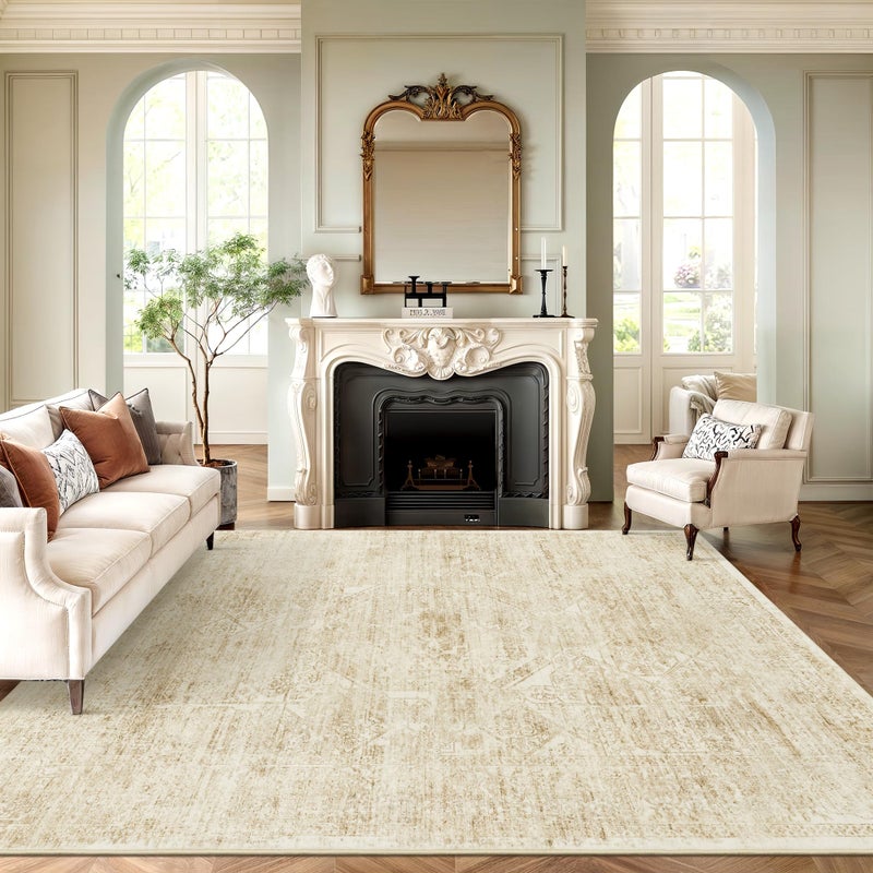 Soalmost 6x9 Area Rug for Living Room Floral Washable Non-Slip Modern Rugs for Bedroom Dinning Room Ultra-Thin Indoor Beige - Image 1