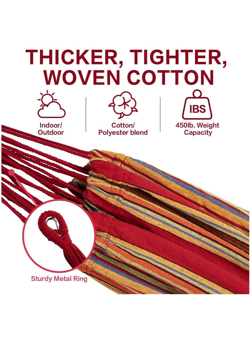 TOMSHOO Hammock,Double Hammock with Steel Frame & Carry Bag,Swing hammock - Cotton Stripe Portable Hammock,for Garden Patio Outdoor Camping - Washable,440 lb Weight Capacity(Red) - Image 2