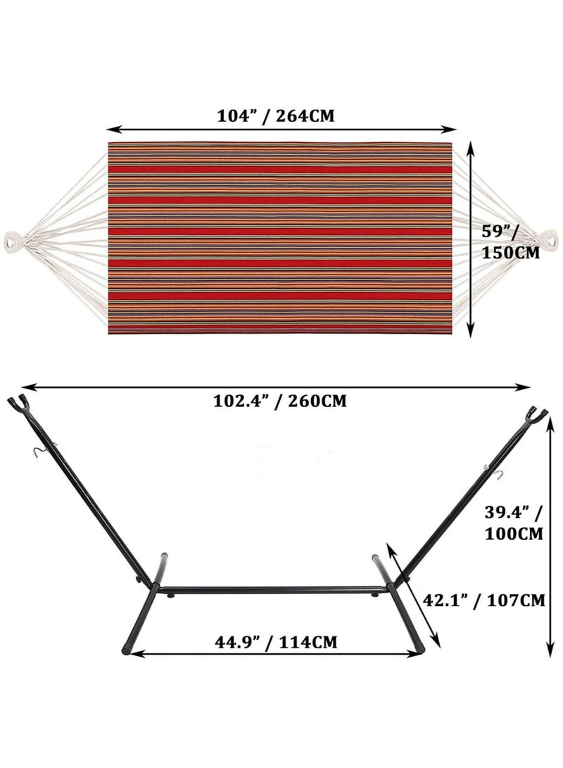 TOMSHOO Hammock,Double Hammock with Steel Frame & Carry Bag,Swing hammock - Cotton Stripe Portable Hammock,for Garden Patio Outdoor Camping - Washable,440 lb Weight Capacity(Red) - Image 5