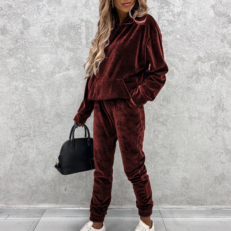 2020 Winter Hooded Velvet Tracksuit for Women Black - Image 4