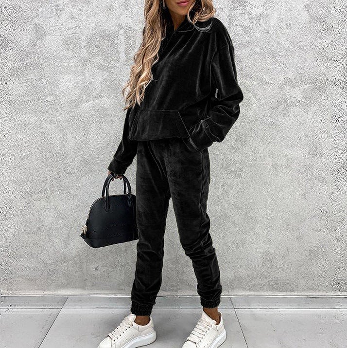 2020 Winter Hooded Velvet Tracksuit for Women Black - Image 1