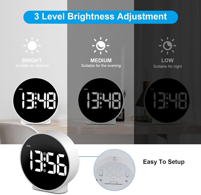 Brikipth Small Digital Alarm Clock LED Desk Travel Electronic Clock Dual Alarm Snooze Dimmable Day Set 1224H Week Display 4inch White No BatteryAdapter - Image 2