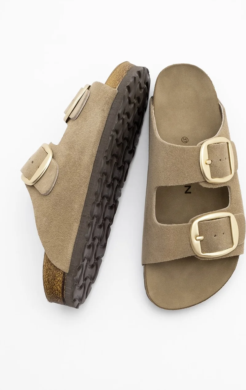 MARJIN Women Genuine Leather Casual Slippers Double Banded Olive Suede Eva Sole Slippers Poli