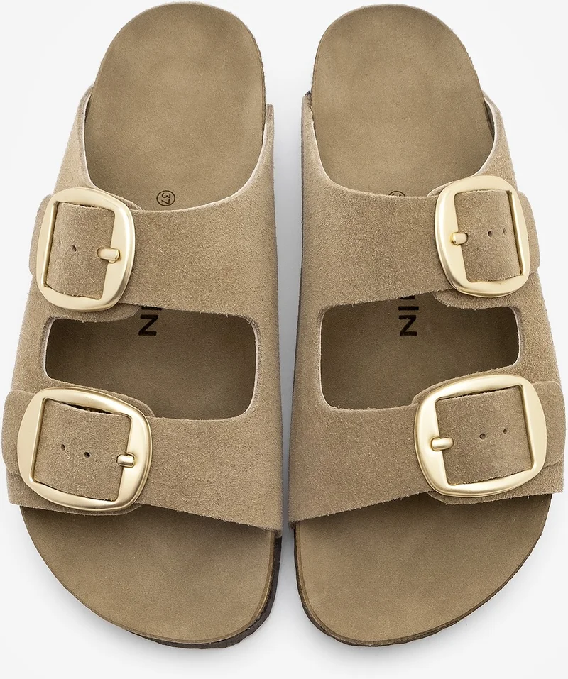 MARJIN Women Genuine Leather Casual Slippers Double Banded Olive Suede Eva Sole Slippers Poli