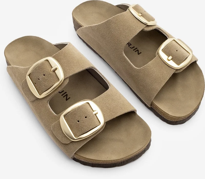 MARJIN Women Genuine Leather Casual Slippers Double Banded Olive Suede Eva Sole Slippers Poli