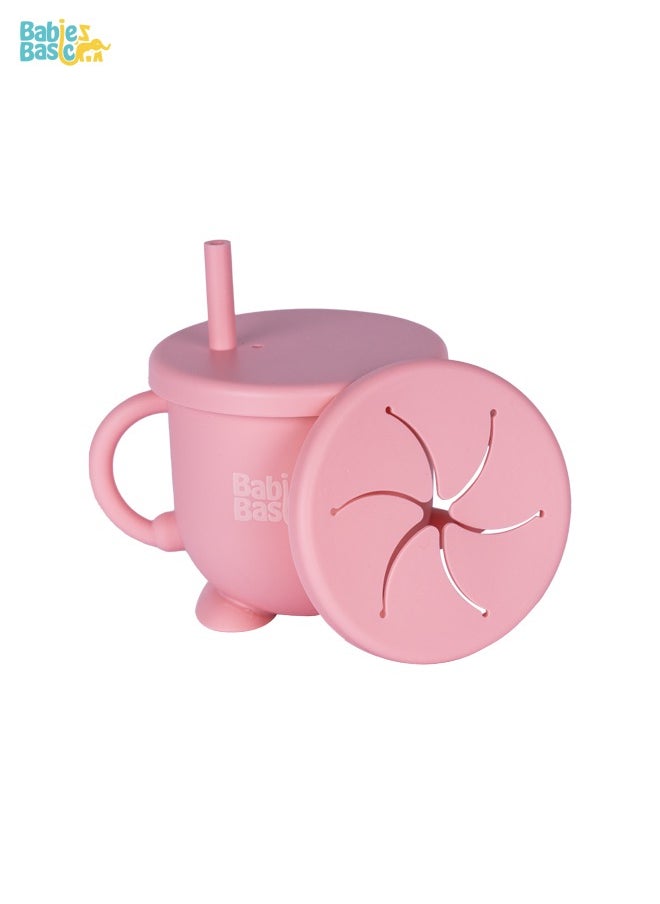 Babies Basic Multi Purpose 2 In 1 Silicone Cup With Straw Or A Snack Lid - Pink  - Image 1