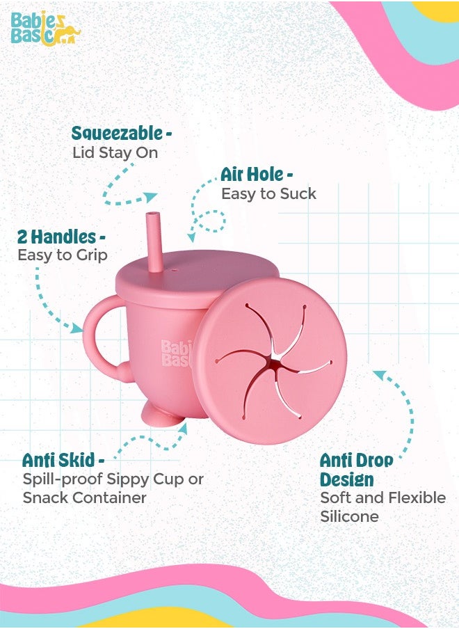 Babies Basic Multi Purpose 2 In 1 Silicone Cup With Straw Or A Snack Lid - Pink  - Image 3