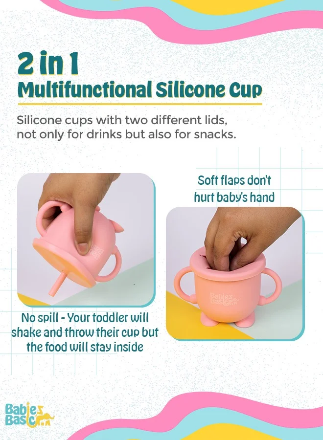 Babies Basic Multi Purpose 2 In 1 Silicone Cup With Straw Or A Snack Lid - Pink
