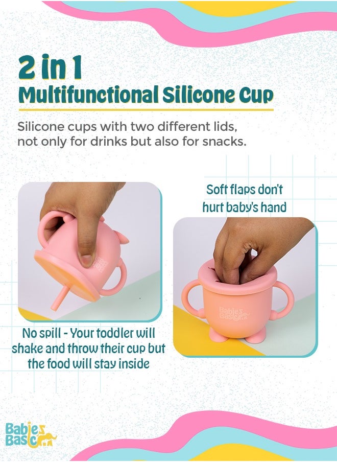 Babies Basic Multi Purpose 2 In 1 Silicone Cup With Straw Or A Snack Lid - Pink  - Image 2