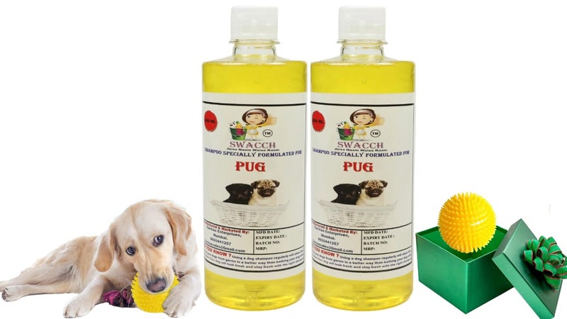 swacch Shampoo | Puppy Safe Shampoo | PH Balanced | Ditch to Itch for Pug Dog Shampoo 500ml Pack of 2 (Lemon) + Spike Ball Chew Toy Combo Pack - Image 1