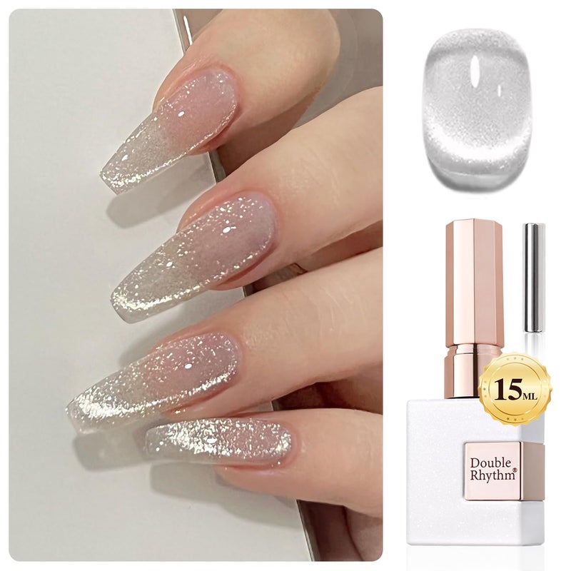 Double Rhythm 0.5 OZ Cat Eye Gel Polish with Magnet 15ML Holographic Glitter Shimmer Translucent Jelly Color Magnetic Polish Salon DIY at Home (Silver-MC1019) - Image 1