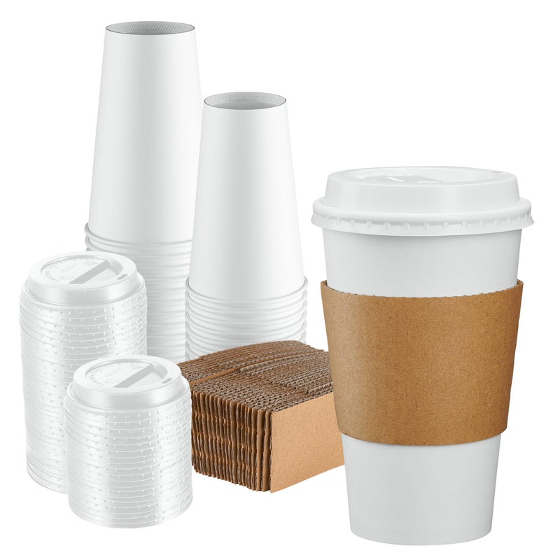 GUSTO [50 Sets 16 oz. Disposable White Coffee Cups with White Lids  Sleeves - To Go Paper Hot Cups - Formerly Comfy Package - Image 1