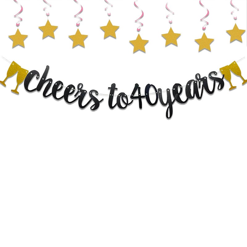 Festiko®40th Birthday Decoration Cheers to 40 Years Decor for Men Women Him Her Happy 40th Birthday Wedding Anniversary Party Supplies Black Glitter Decorations Combo(Banner,Swirls) - Image 5