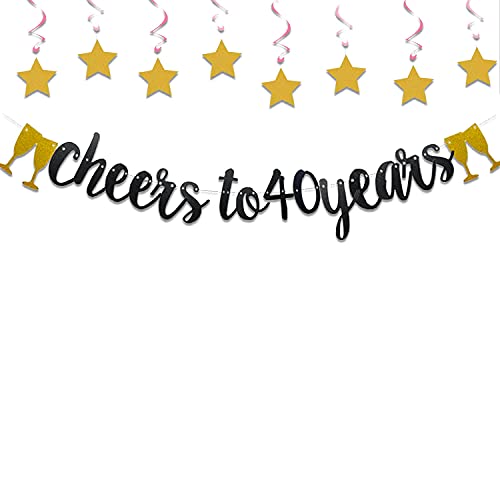 Festiko®40th Birthday Decoration Cheers to 40 Years Decor for Men Women Him Her Happy 40th Birthday Wedding Anniversary Party Supplies Black Glitter Decorations Combo(Banner,Swirls) - Image 1