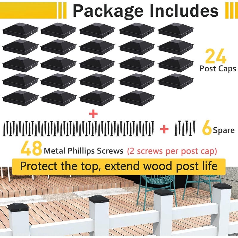 24 Pack Black Fence Post Caps 3.5 X 3.5 Inches with 48 Screws Sturdy Waterproof Plastic Deck Post Caps for Wood Posts - Image 4