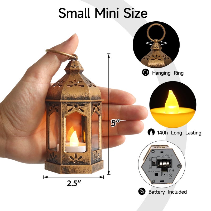 LLQ 8Pcs Mini Lantern with LED Tealight, Vintage Brown Lanterns Decorative, Hanging Candle Lanterns for Halloween Christmas Wedding Table Centerpiece Indian Decor, Garden Fairy Party Decorations - Image 2