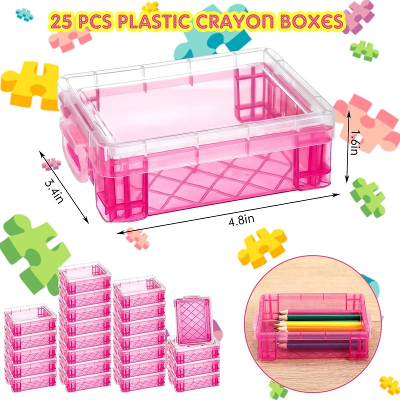 Suzile سوزيل 25 قطعة صناديق ألوان بلاستيكية مع أغطية قابلة للقفل، منظّم تخزين الألوان، حاوية قابلة للتكديس، علبة أقلام بالجملة للأقلام والحرف ومستلزمات الفصل (وردي) - Image 2