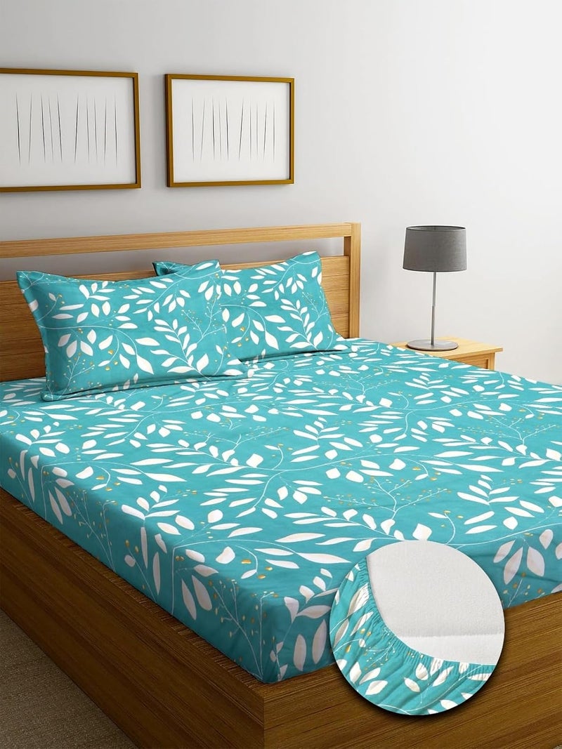 TARAIN COLLECTION Cotton Feel Glace Cotton Elastic Fitted Printed King Size Double Bed Bedsheet with 2 Pillow Coverm Fits Upto 8 inches MattressSize 72x78x10 Inches Green