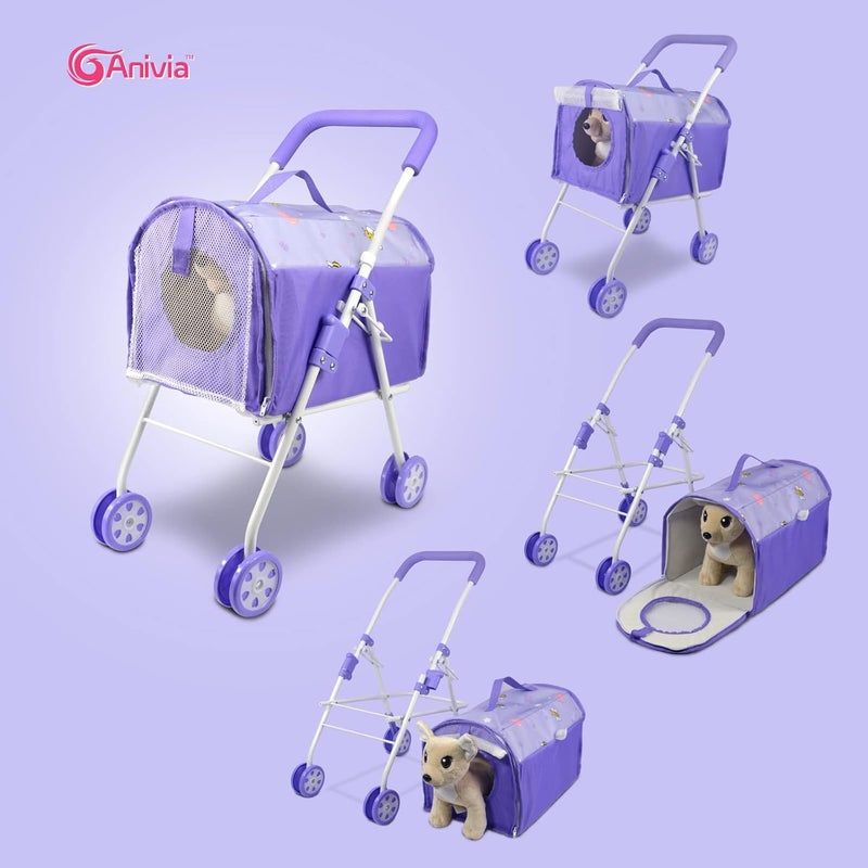 Anivia Pet Stroller and Accessories for Kids Ages 3 to 7 Year Olds, Dog Toy for Toddlers, 2 Pieces Play Dog Set, Puppy Party Playset with 1 Pet Puppy Included Purple - Image 3