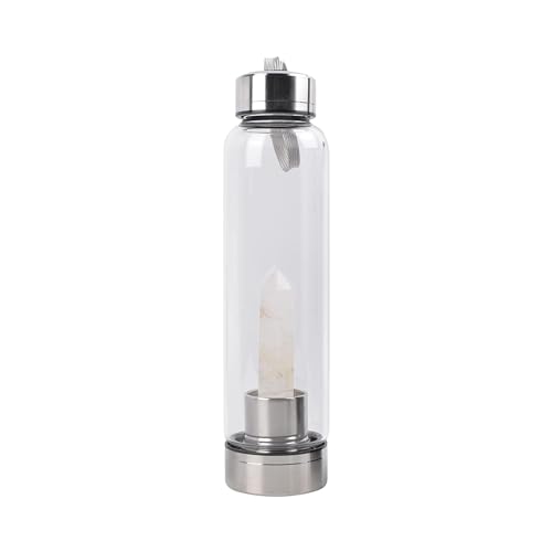 Queemie Clear Quartz Crystal Water Bottle, Stainless Steel Glass White Gemstone Obelisk Wand Energy Cup Sports Cup, Natural Wellness Healing 550ml - Image 1