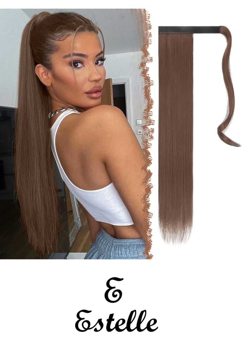 Ponytail Extension Long Straight Wrap Around Clip in Synthetic Fiber Hair for Women Dark Brown mix Auburn Evenly