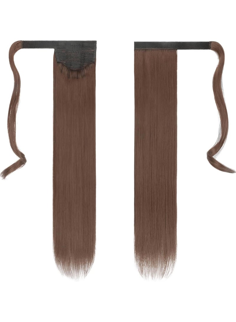 Ponytail Extension Long Straight Wrap Around Clip in Synthetic Fiber Hair for Women Dark Brown mix Auburn Evenly