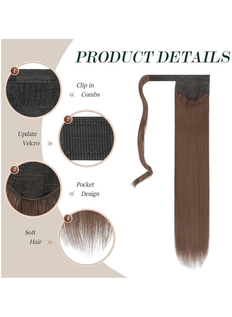 Ponytail Extension Long Straight Wrap Around Clip in Synthetic Fiber Hair for Women Dark Brown mix Auburn Evenly