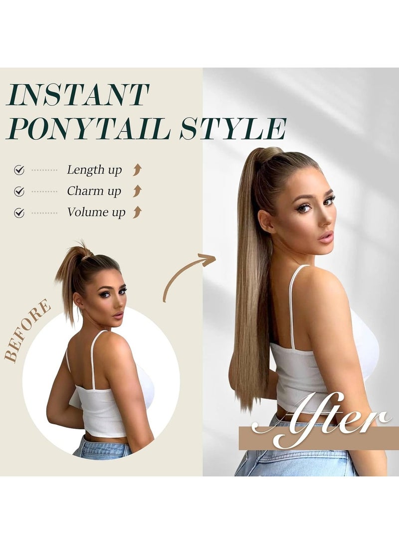 Ponytail Extension Long Straight Wrap Around Clip in Synthetic Fiber Hair for Women Dark Brown mix Auburn Evenly