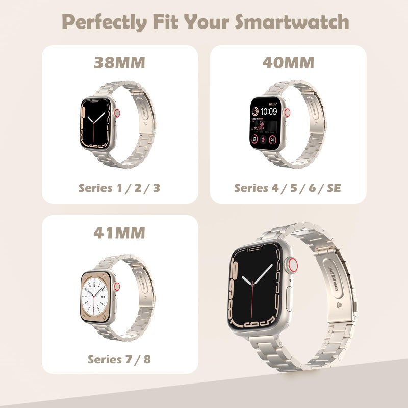 MoKo Slim Metal Band Compatible with Apple Watch Series 11/10 42mm, 9/8/7 41mm, SE3/SE2/SE/6/5/4 40mm, 3/2/1 38mm, Stainless Steel Thin Band Replacement Strap iWatch Wristband for Women, Starlight - Image 2