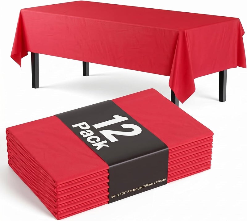 Exquisite Party Solids 12-Pack Premium Plastic Tablecloth 54in. x 108in. Rectangle Table Cover - Red - Image 1