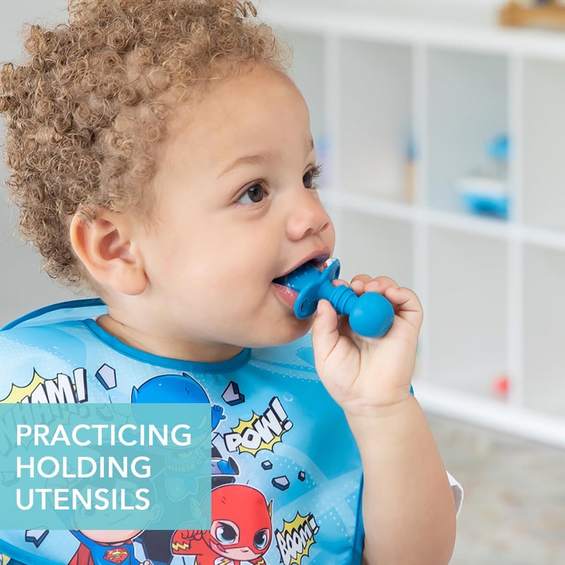 Bumkins Baby Utensils Set, Chewtensils Silicone Spoons for Dipping, Self-Feeding, Baby Led Weaning, Trainer Learning, First Stage Eating, Soft Practice Fork and Spoon, Babies 6 Months, Dark Blue - Image 2