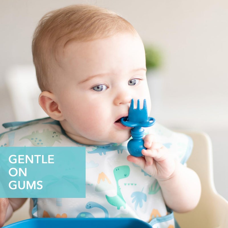 Bumkins Baby Utensils Set, Chewtensils Silicone Spoons for Dipping, Self-Feeding, Baby Led Weaning, Trainer Learning, First Stage Eating, Soft Practice Fork and Spoon, Babies 6 Months, Dark Blue - Image 3