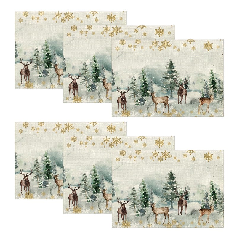 Artoid Mode Watercolor Deer Trees Snowflakes Christmas Placemats for Dining Table 12 x 18 Inch Seasonal Winter Xmas Holiday Rustic Vintage Thanksgiving Washable Table Mats Set of 6