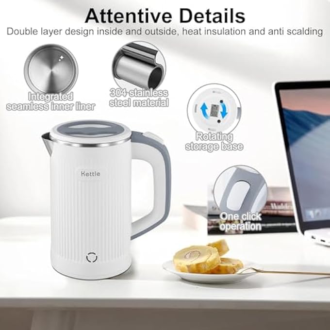 GraGra Small Electric Kettle 304 Stainless Steel 08L Low Wattage Electric Travel Kettle Portable Mini Electric Coffee Kettle Compact Electric Travel Kettle For Travel Home Office White - Image 3