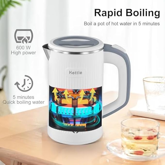 GraGra Small Electric Kettle 304 Stainless Steel 08L Low Wattage Electric Travel Kettle Portable Mini Electric Coffee Kettle Compact Electric Travel Kettle For Travel Home Office White - Image 2
