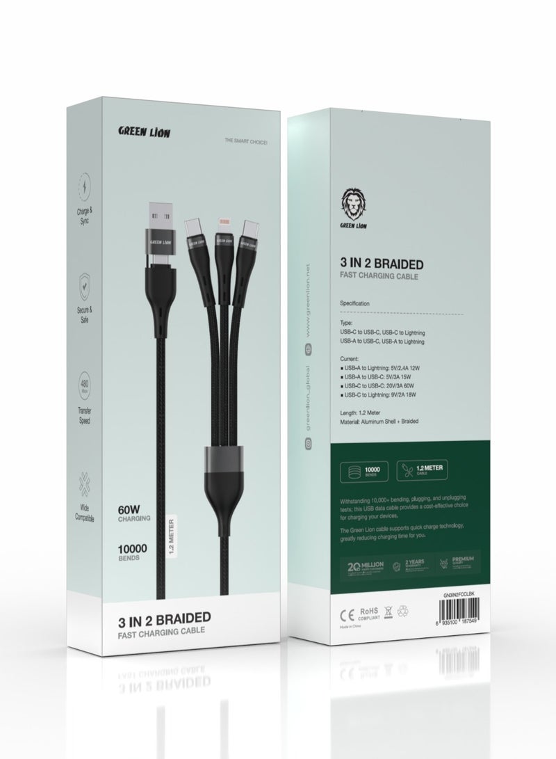 GREEN LION 3 in 2 Braided Fast charging Cable / USB-A to Lightning / USB-C to Lightning / USB-C to USB-C / USB-A to USB-C / Long Length / 10000 Bends / Charge & Sync / Secure & Safe / High Transfer Speed / LED Light - Black - Image 2