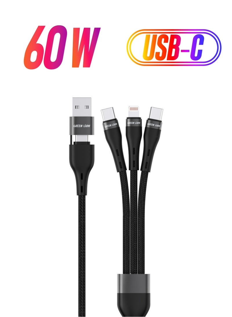 GREEN LION 3 in 2 Braided Fast charging Cable / USB-A to Lightning / USB-C to Lightning / USB-C to USB-C / USB-A to USB-C / Long Length / 10000 Bends / Charge & Sync / Secure & Safe / High Transfer Speed / LED Light - Black - Image 1