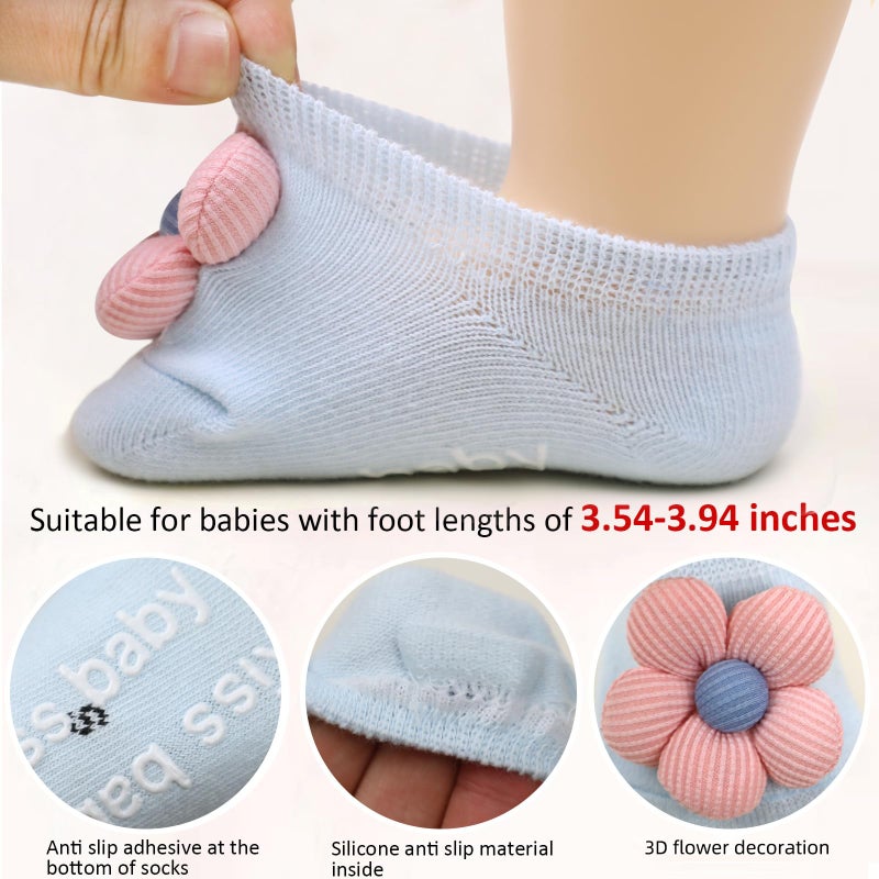 KEAINVRN 4Packs Baby Girls Socks,Flower Non-Slip Grips for Babies Toddler Princess Low Cut Ankle Socks for Girls (US, Age, 0 Months, 6 Months, grey Khaki Off-white light blue) - Image 5