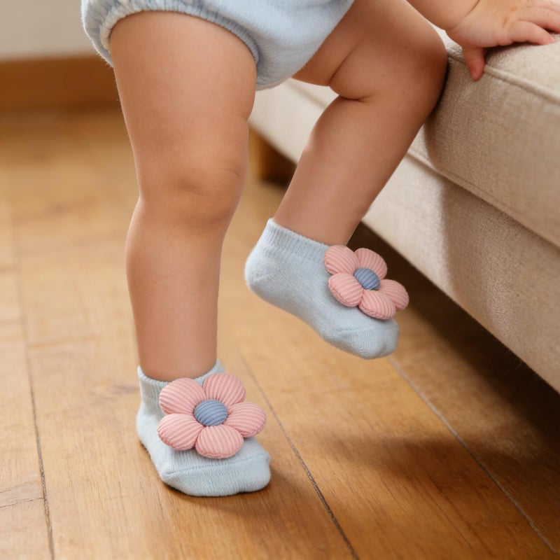 KEAINVRN 4Packs Baby Girls Socks,Flower Non-Slip Grips for Babies Toddler Princess Low Cut Ankle Socks for Girls (US, Age, 0 Months, 6 Months, grey Khaki Off-white light blue) - Image 2