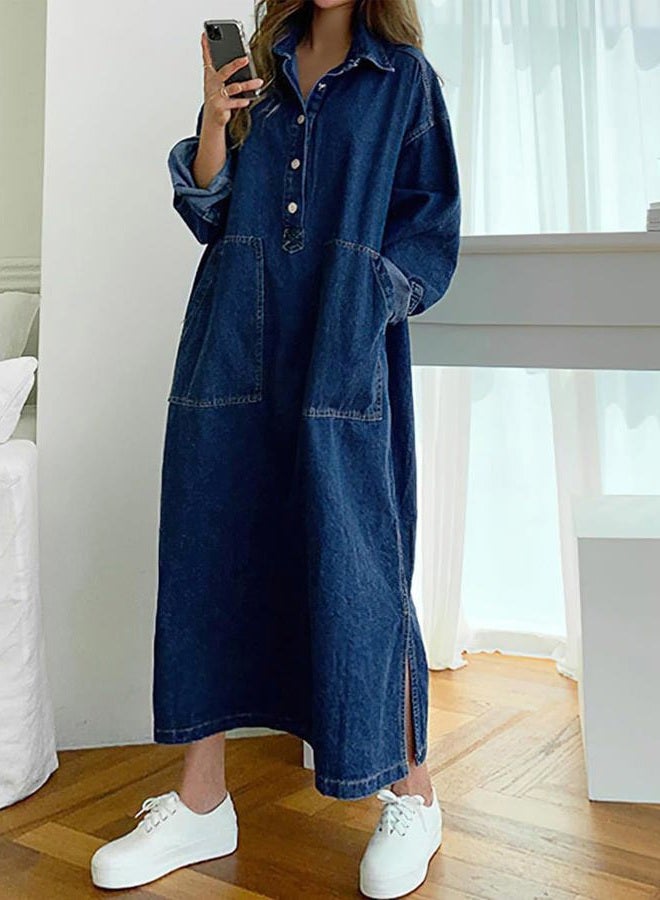Jofemuho Womens Spring Fall Long Sleeve Denim Dress Maxi Shirt Dress with Split - Image 3