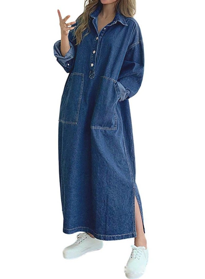 Jofemuho Womens Spring Fall Long Sleeve Denim Dress Maxi Shirt Dress with Split - Image 1