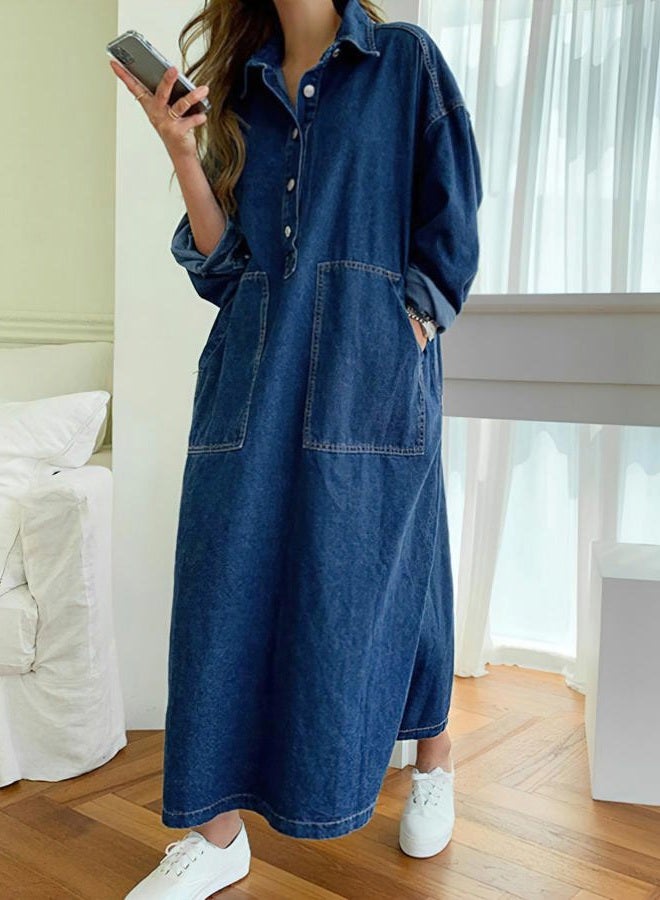 Jofemuho Womens Spring Fall Long Sleeve Denim Dress Maxi Shirt Dress with Split - Image 2