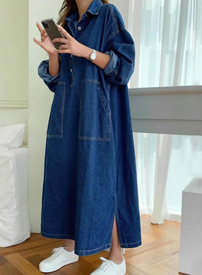 Jofemuho Womens Spring Fall Long Sleeve Denim Dress Maxi Shirt Dress with Split - Image 4