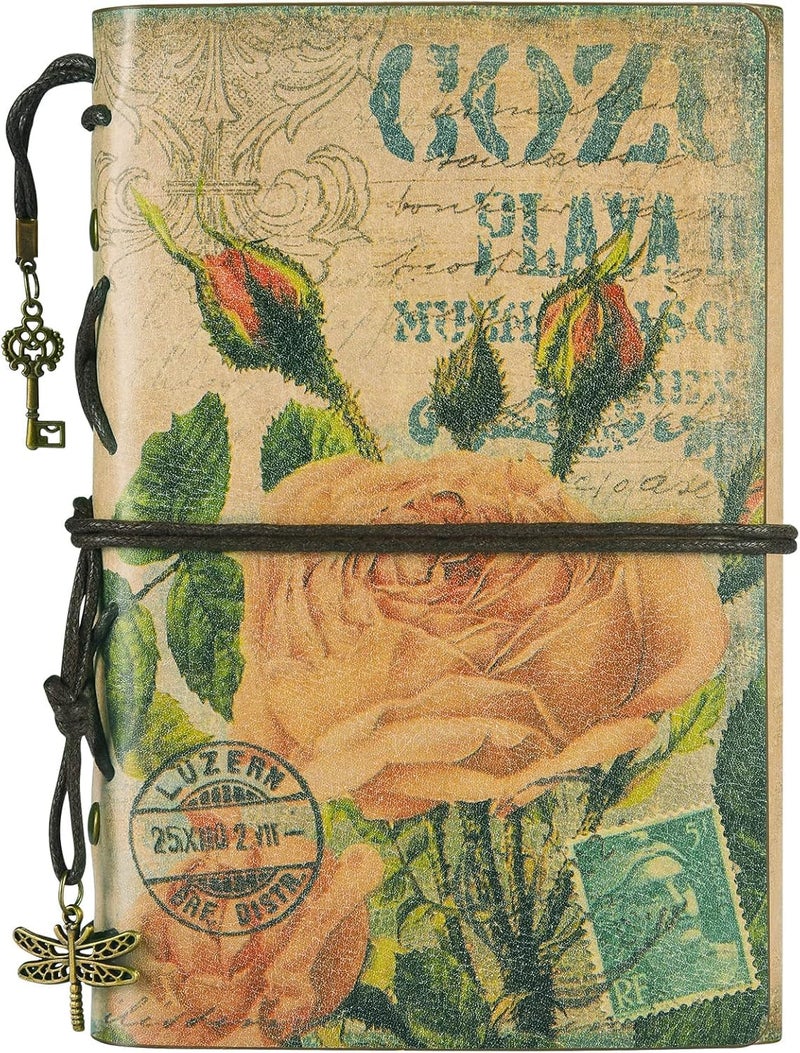 Invite Enterprise Invite Vintage Refillable Journal, Premium Leather Traveler Notebook Sketchbooks Classic Diary Planner with Blank Pages and Zipper Pocket (Leather Journal-Pink Flowers) - Image 1